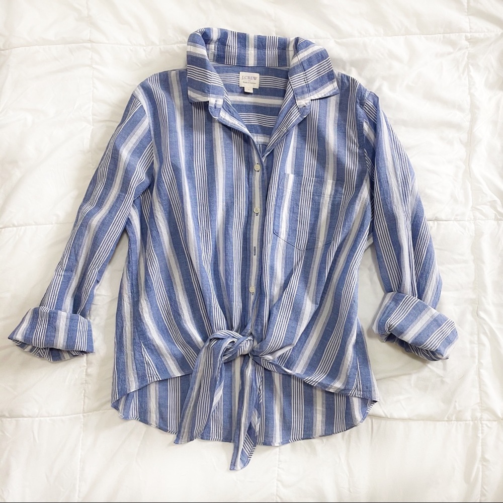 *SOLD* J Crew Striped Tie Waist Button Down M - Picture 2 of 15